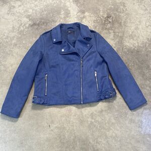 M&S Jacket Womens‎ 16 Faux Suede Blue Biker Moto Zip Collared Pockets